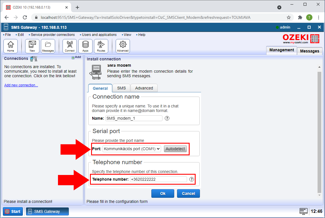 specify modem port and phone number