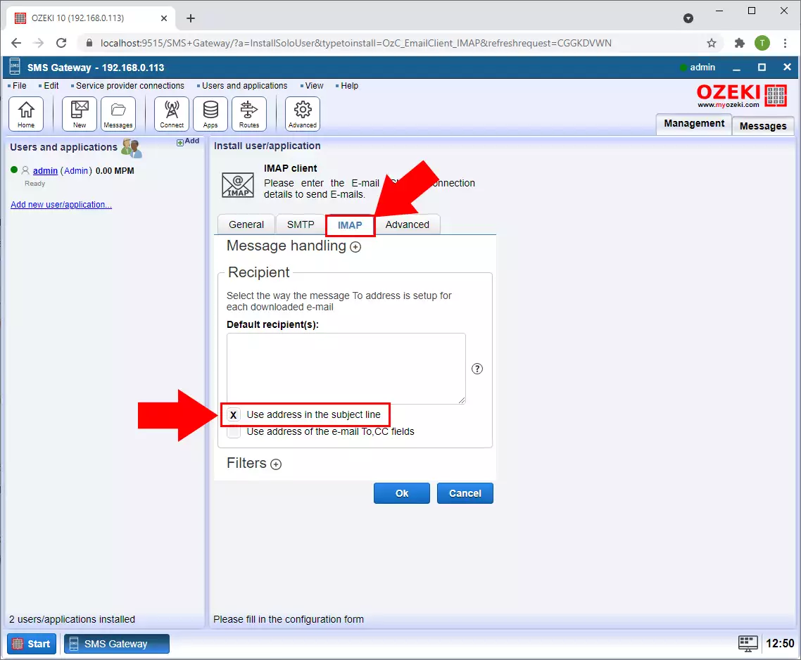 configure imap client to use address in subject line
