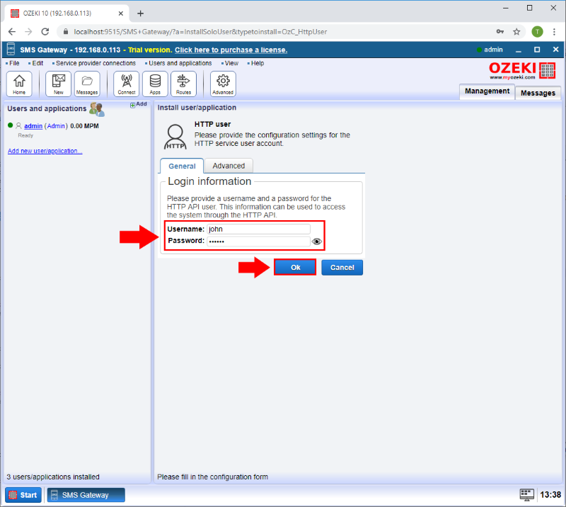 configure username and password