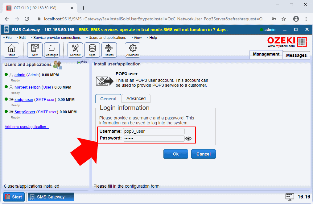 configure pop3 user connection