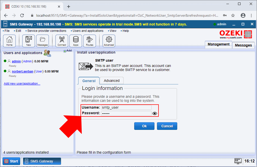 configure smtp user connection