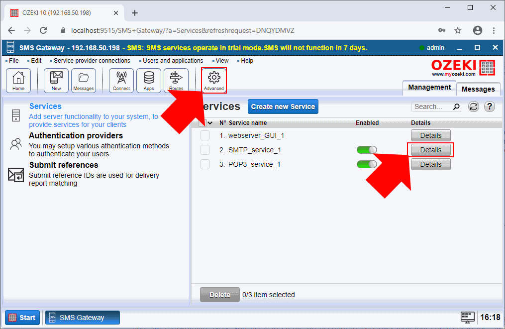 select the smtp service