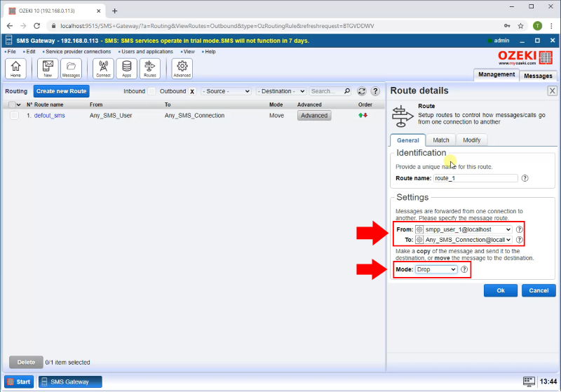 set message from and to connection and route mode