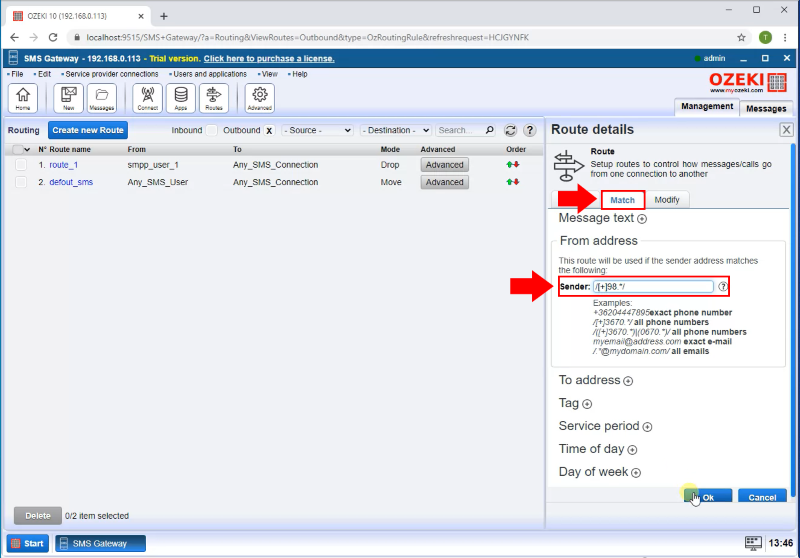 set sender address regexp