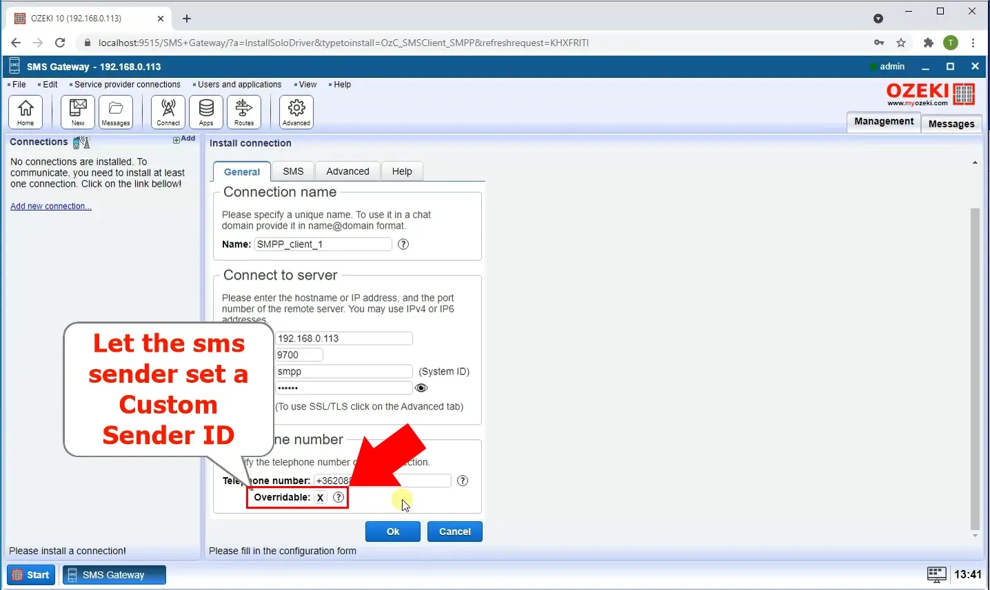 enable sms sender id overridable option