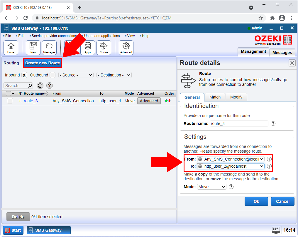 route of sms going to +3644444444 in the routing table screen