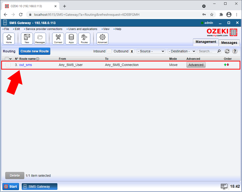 default route highlighted in the routing table screen