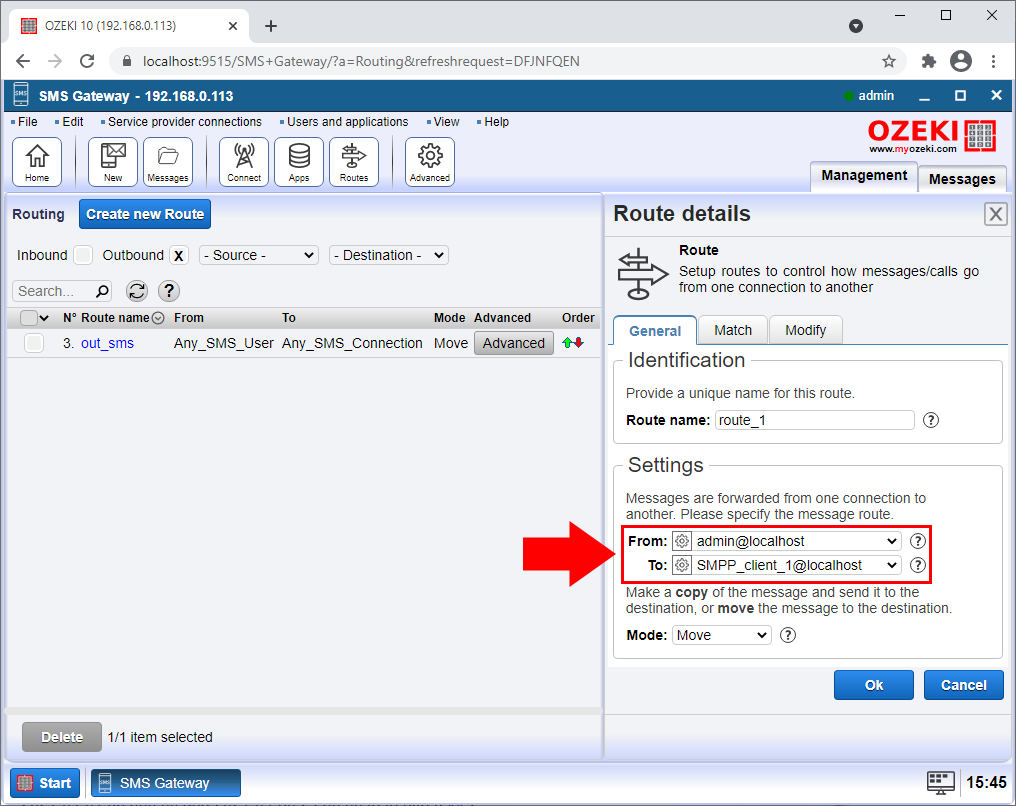 route of sms going to +3611111111 in the routing table screen