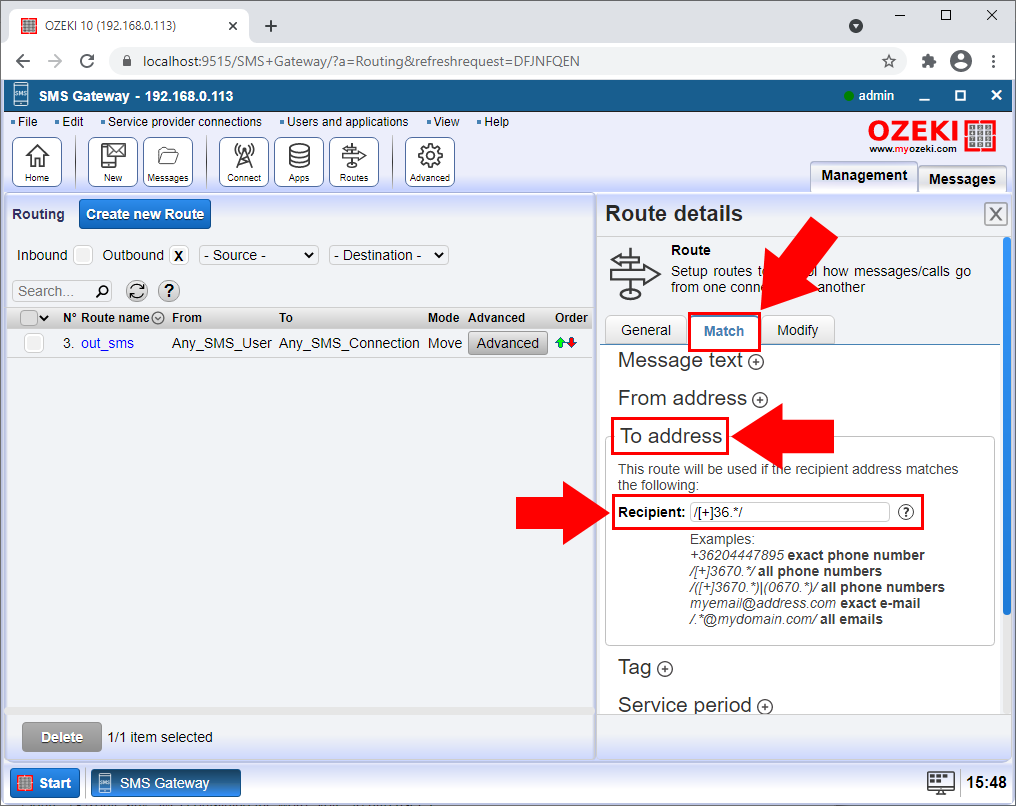 set prefix for SMS routing