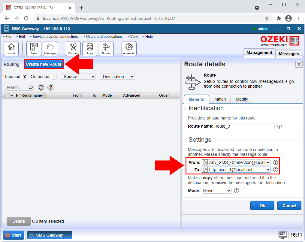 route of sms going to +3633333333 in the routing table screen