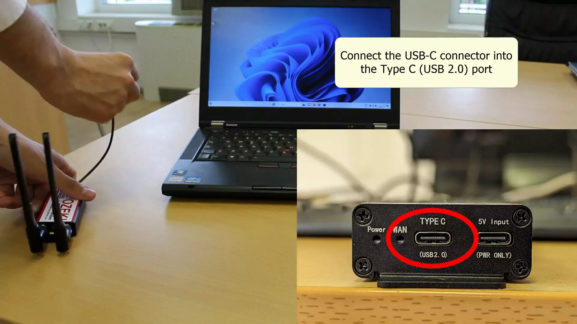 usb type c connector connected to the port labeled type c usb 2 dot 0 on the modem