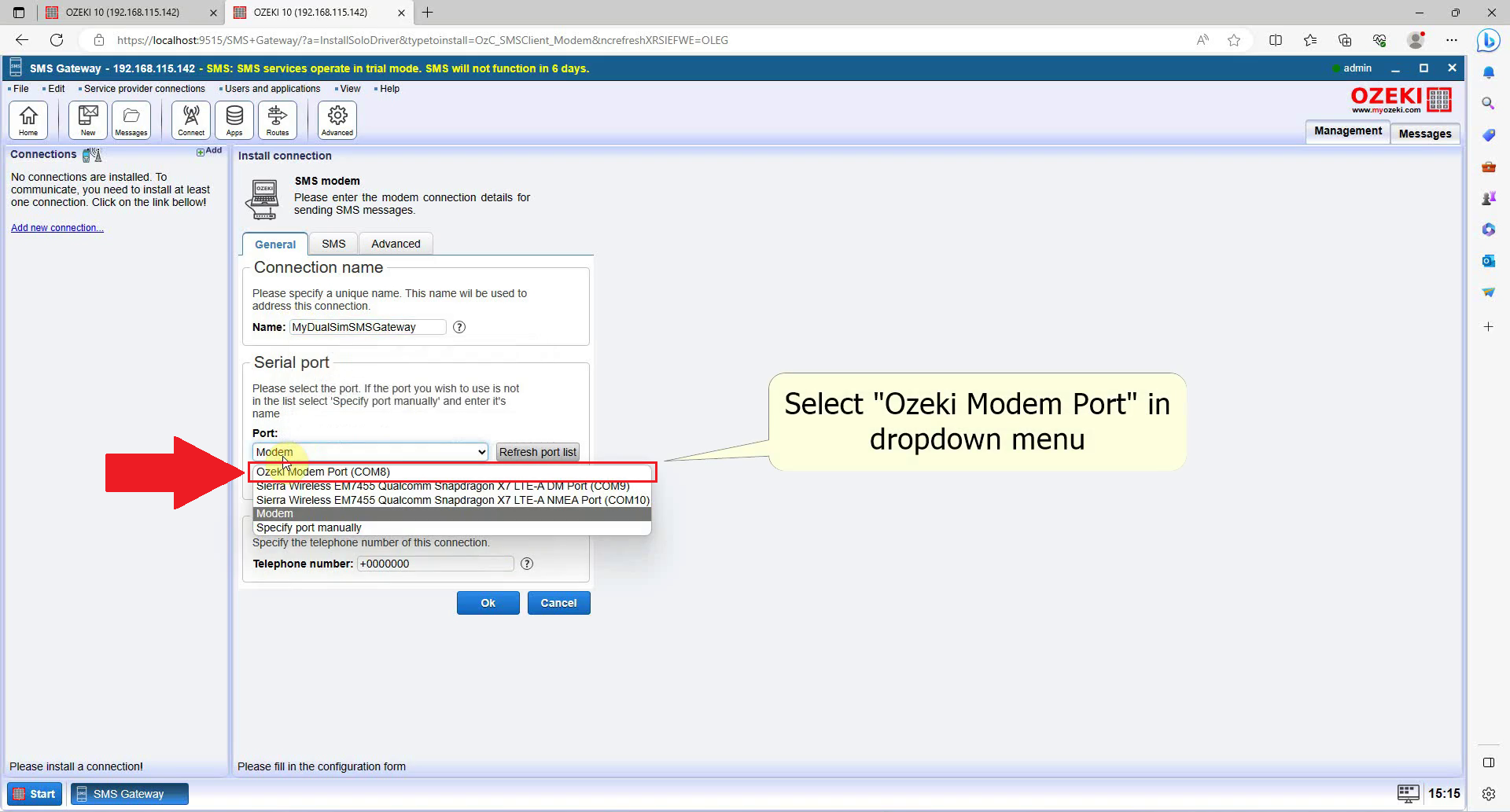 serial port menu where ozeki modem port is selected