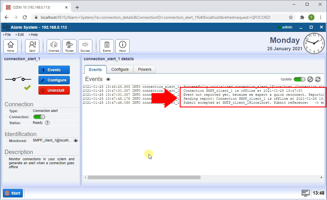alert sent when the smpp connection is offline