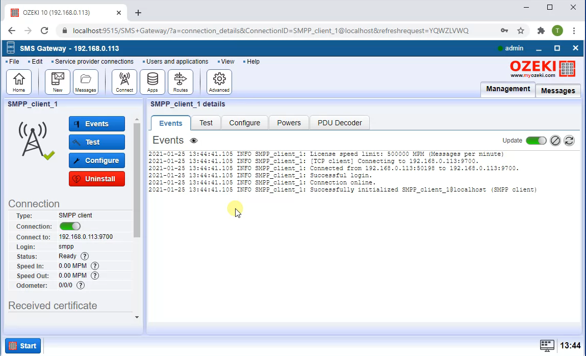 smpp client connected