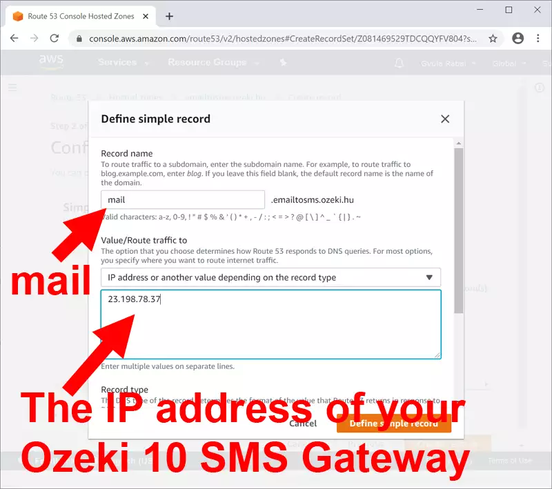 create an a record to your sms gateway