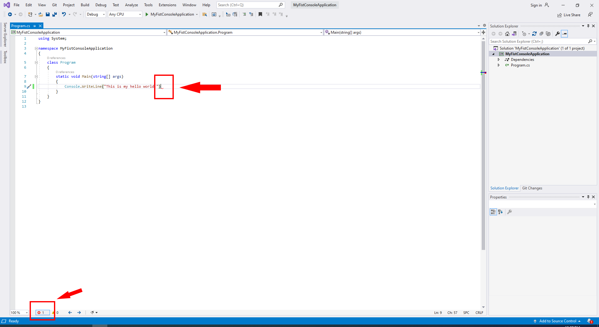 missing comma in visual studio