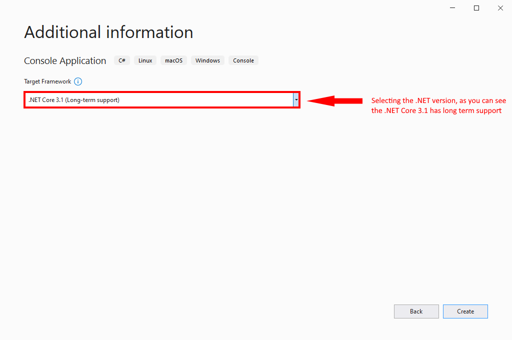 selecting dotnet version in visual studio