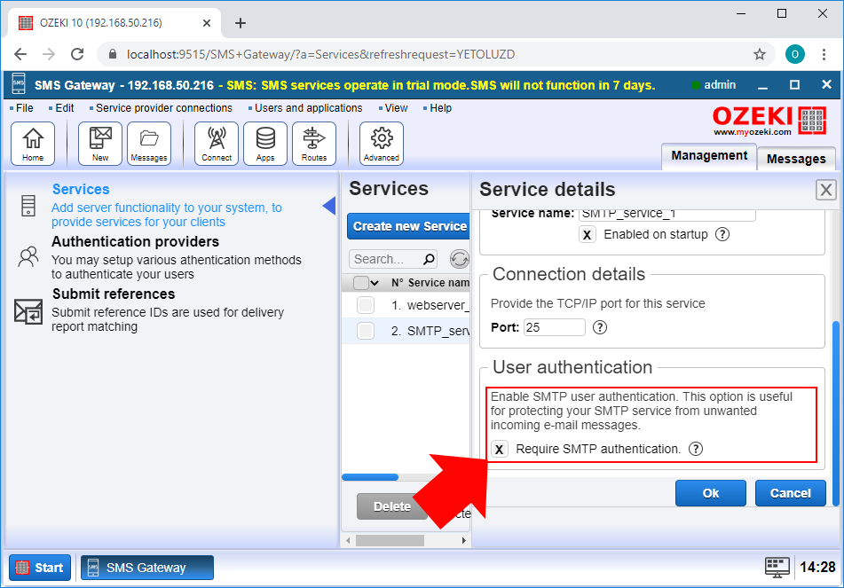 activating smtp server authantication