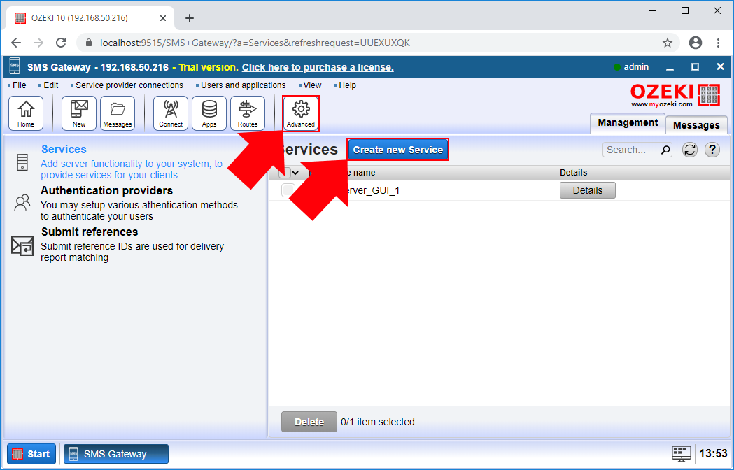 create a new smtp service in sms gateway