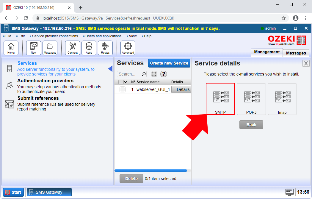 select the smtp service type