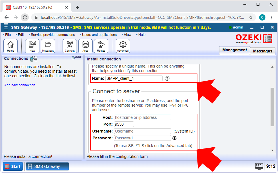 configure the smpp client connection
