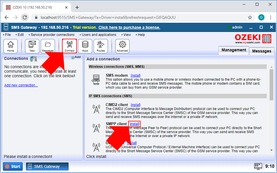 install the smpp client connection