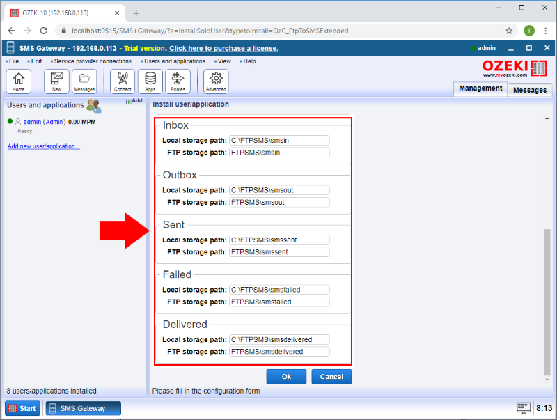 select the file path for each inbox, outbox, sent, failed, delivered folder