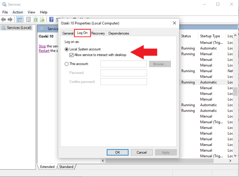 allow service to interact with desktop