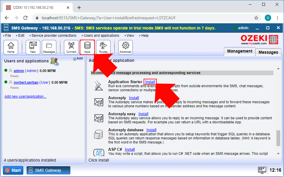 select the application starter connection