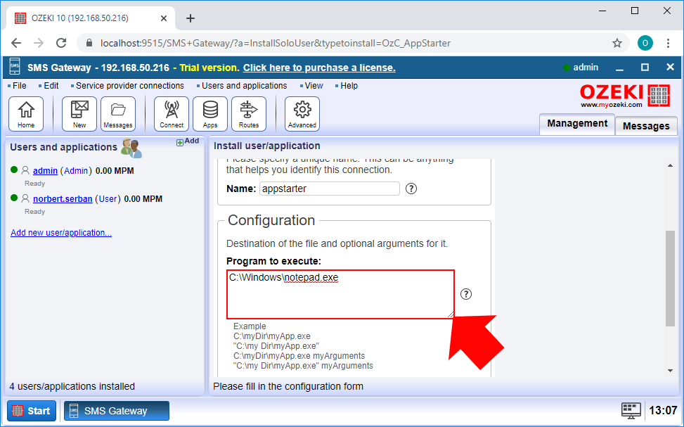 type the full path for the notepad application