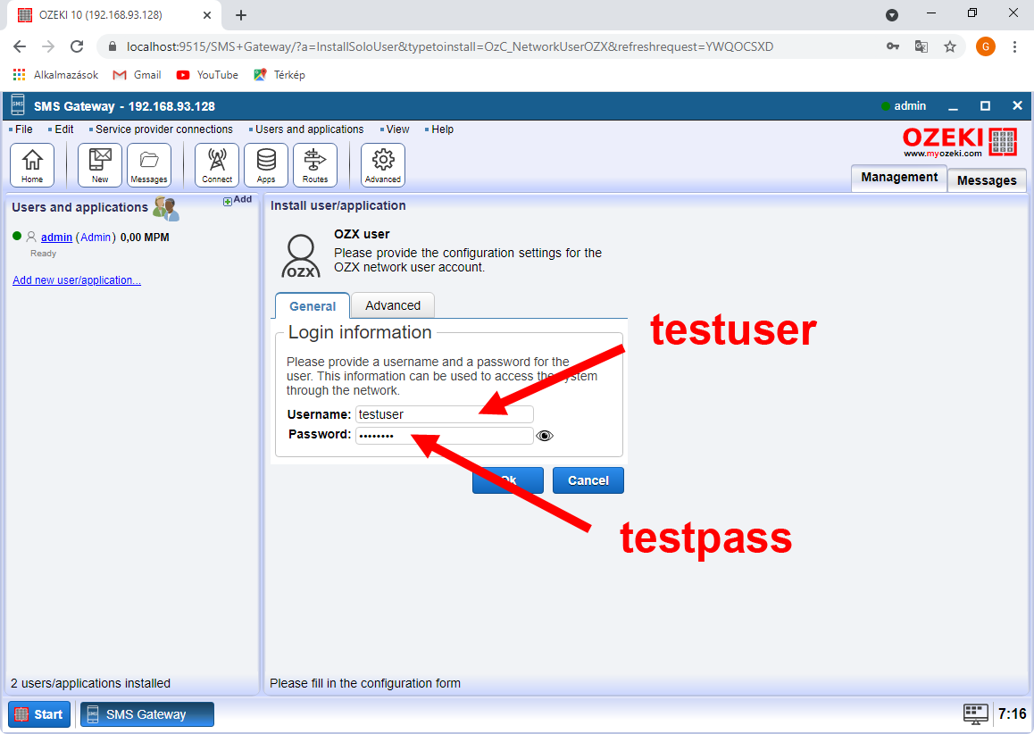 Set testuser as the C# sms api username