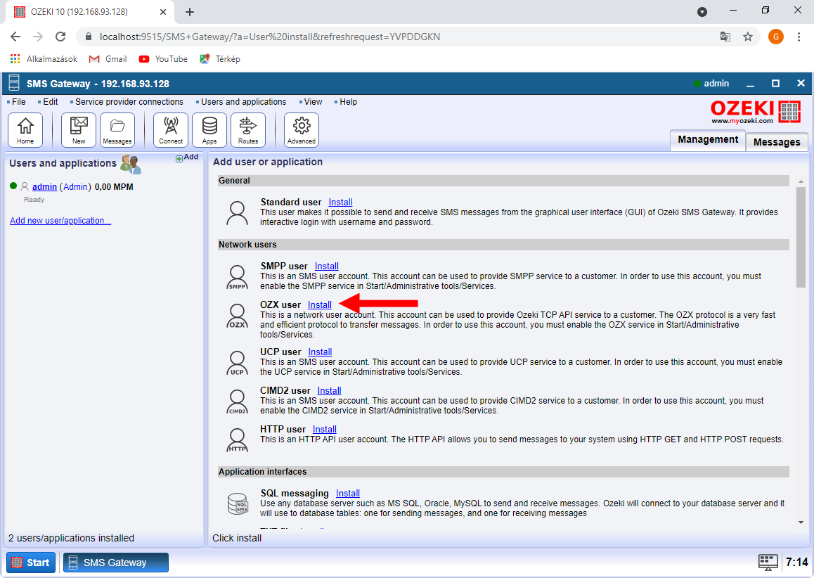 install to install the C# sms api user account