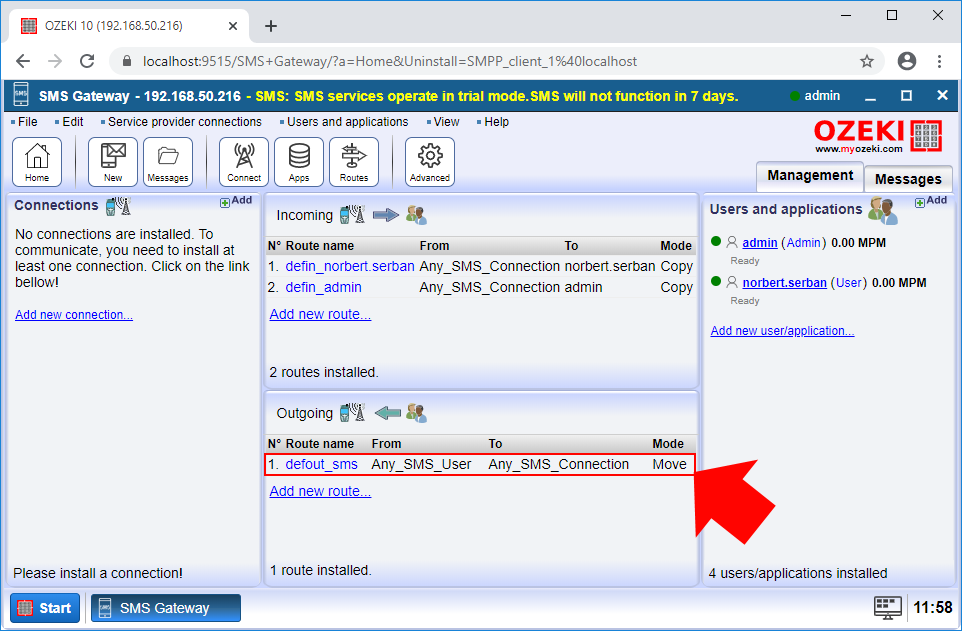 select a routing rule in sms gateway