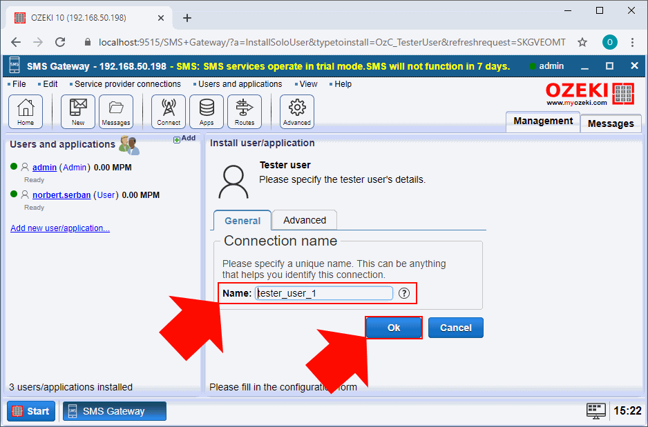 configure tester user connection