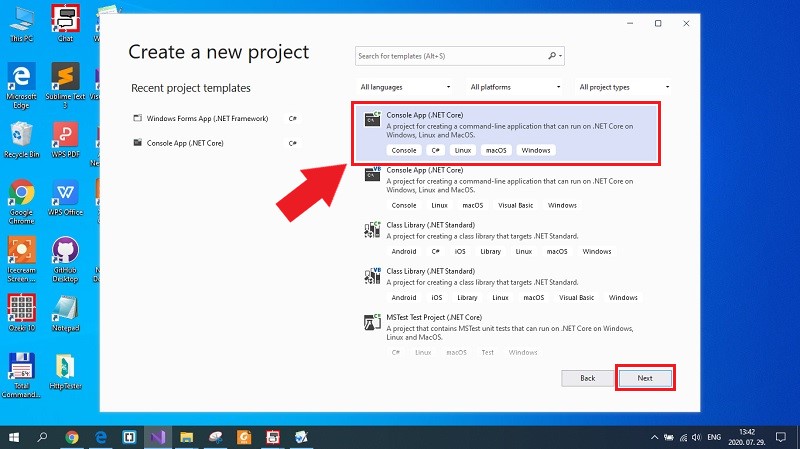 choosing console application