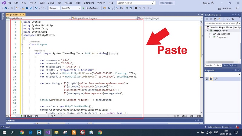 paste code into visual studio
