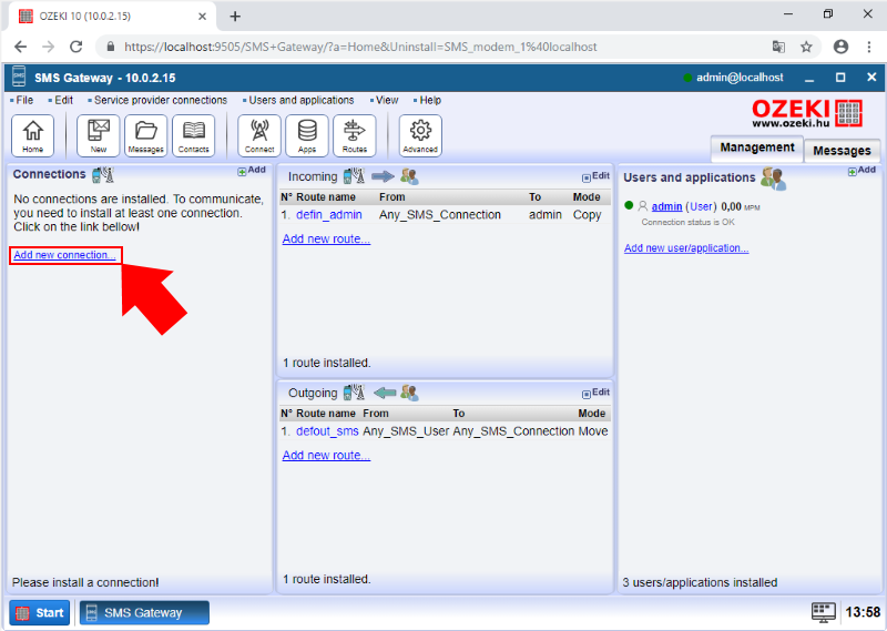 create a new connection in sms gateway