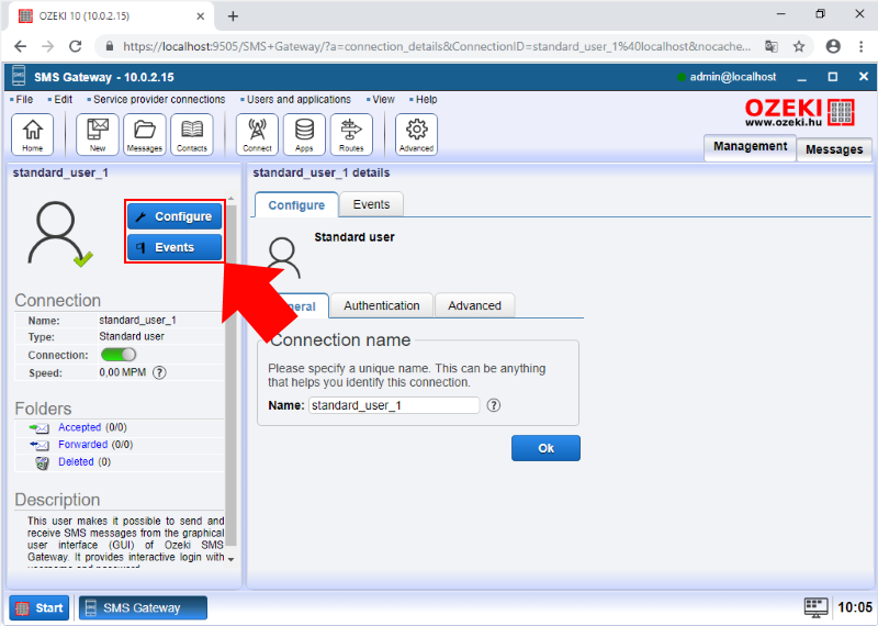 configuration menu of the standard user