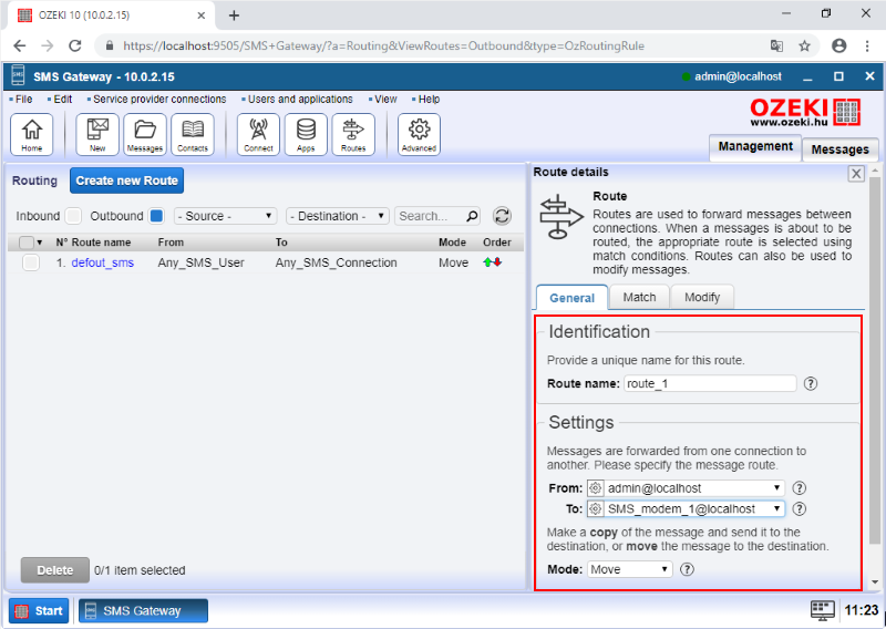 create a routing rule for the outgoing messages