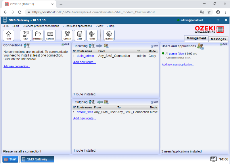 main menu of sms gateway