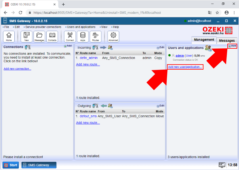 create new user or application in sms gateway