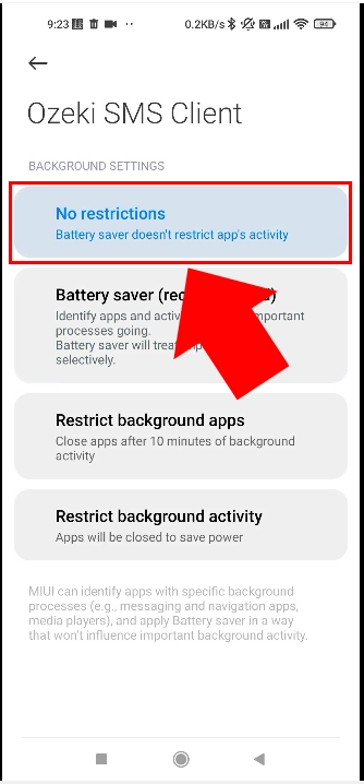 in battery settings set no restrictions for ozeki app