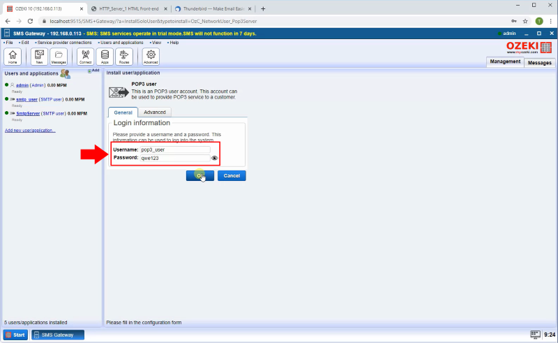 pop3 username and password