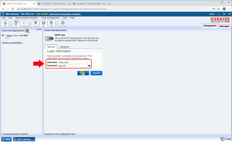 smtp username and password