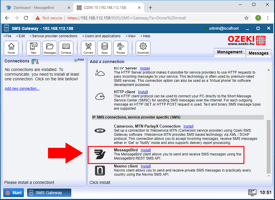 install messagebird connection