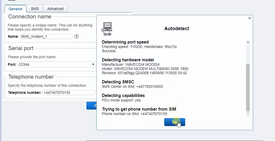 details of the detected modem