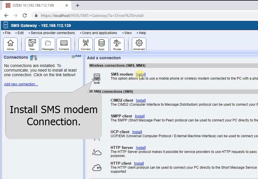 select the sms modem connection to install