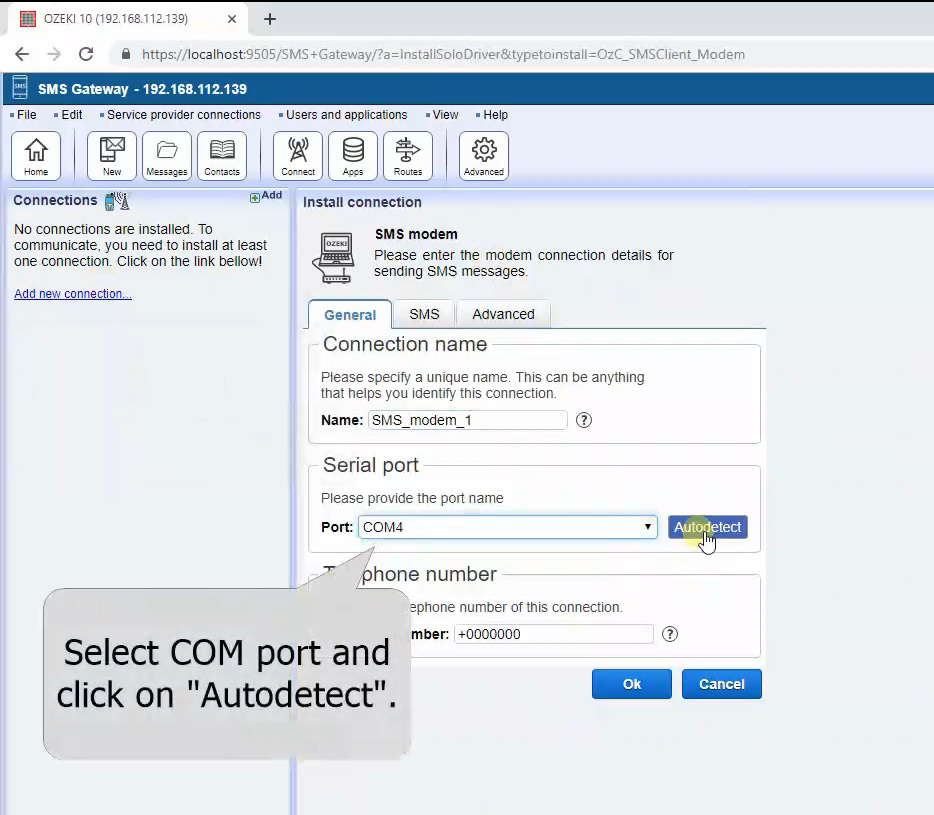autodetect the port where you connected the modem