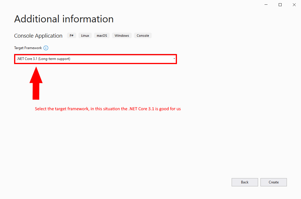selecting the target framework in visual studio