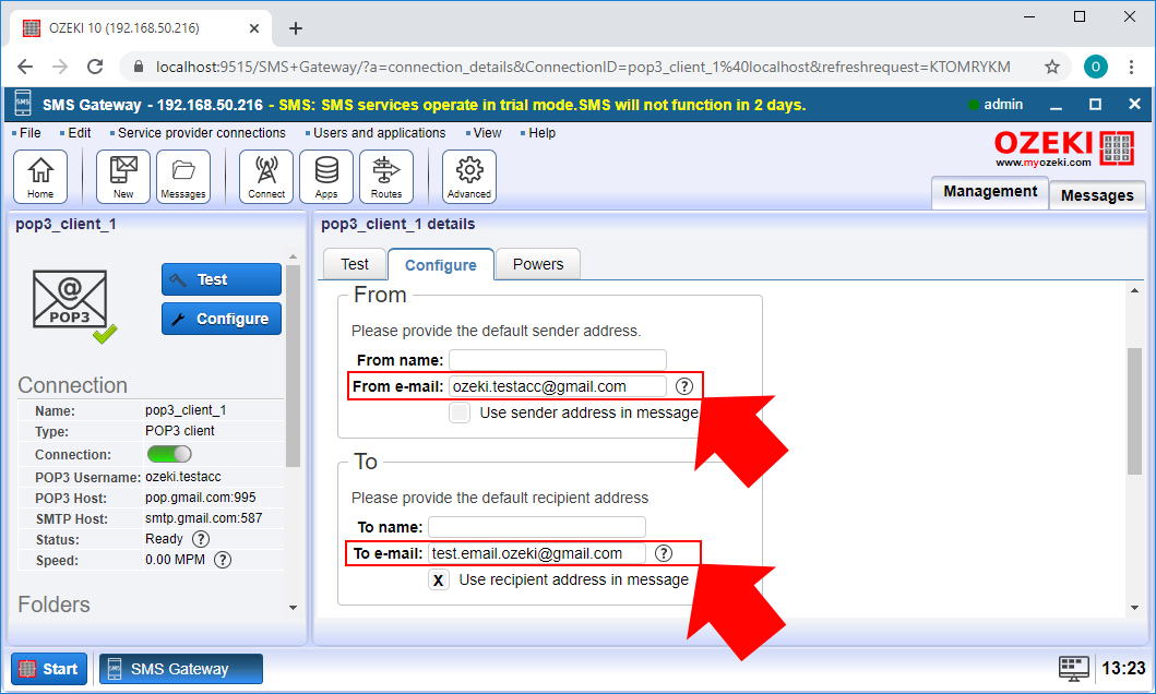 configure the recipient e-mail address